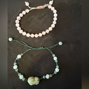 Pink Rose Quartz and Green Jade Beaded Bracelets Set